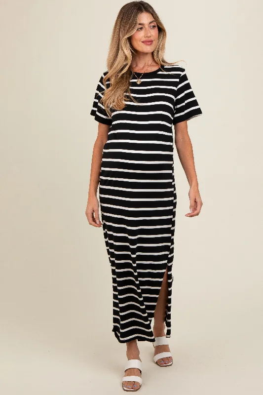 Midi dresses with lace - up fronts for a unique and adjustable styleBlack Striped Side Slit Maternity Maxi Dress Midi dresses with lace - up fronts for a unique and adjustable styleBlack Striped Side Slit Maternity Maxi Dress