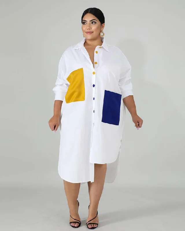 High - low midi dresses with geometric patterns for a modern partyColorblock Oversized Shirt Dress High - low midi dresses with geometric patterns for a modern partyColorblock Oversized Shirt Dress