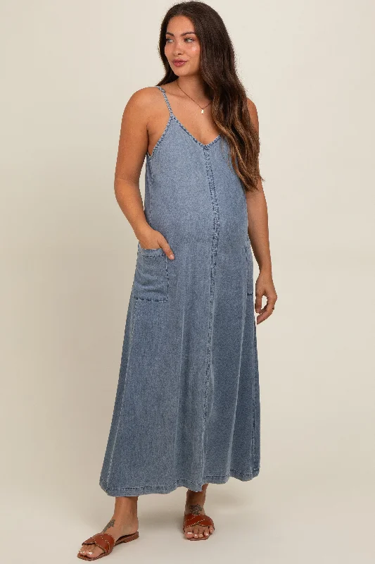 Midi dresses with cotton - blend materials for everyday comfortBlue Chambray Pocketed Maternity Maxi Dress Midi dresses with cotton - blend materials for everyday comfortBlue Chambray Pocketed Maternity Maxi Dress