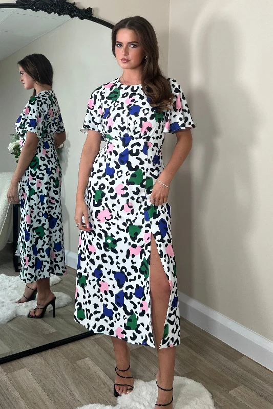 Midi dresses with pleated bodices for a classic and tailored lookBritney Mixed Pink Animal Angel Sleeve Split Leg Midi Dress Midi dresses with pleated bodices for a classic and tailored lookBritney Mixed Pink Animal Angel Sleeve Split Leg Midi Dress