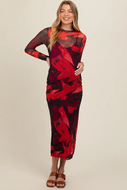 Midi dresses with sheer panels for a touch of allureBurgundy Abstract Print Mesh Maternity Maxi Dress Midi dresses with sheer panels for a touch of allureBurgundy Abstract Print Mesh Maternity Maxi Dress