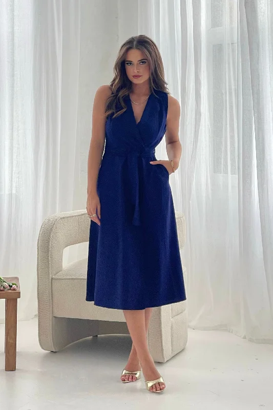 Midi dresses with bow accents for a sweet and charming lookCallie Linen Blend Sleeveless Tie Front Midi dress Navy Midi dresses with bow accents for a sweet and charming lookCallie Linen Blend Sleeveless Tie Front Midi dress Navy