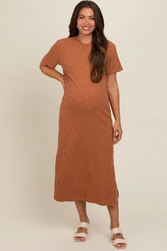 A - line midi dresses with floral prints for spring brunchesCamel Short Sleeve Side Slit Maternity T-Shirt Midi Dress A - line midi dresses with floral prints for spring brunchesCamel Short Sleeve Side Slit Maternity T-Shirt Midi Dress