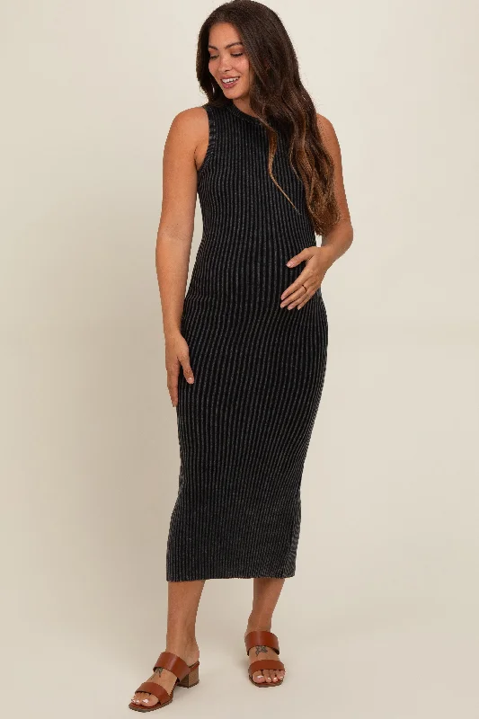 Midi dresses with denim fabric for a casual yet stylish day outCharcoal Vintage Wash Ribbed Cutout Maternity Dress Midi dresses with denim fabric for a casual yet stylish day outCharcoal Vintage Wash Ribbed Cutout Maternity Dress