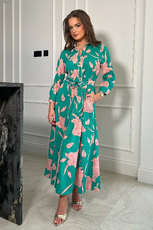 Midi dresses with ruffled bodices for a more pronounced feminine lookAngela Green And Pink Floral Midi Shirt Dress Midi dresses with ruffled bodices for a more pronounced feminine lookAngela Green And Pink Floral Midi Shirt Dress