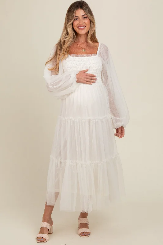 Midi dresses with asymmetric hems for a fashion - forward and dynamic appearanceCream Mesh Tiered Long Sleeve Maternity Maxi Dress Midi dresses with asymmetric hems for a fashion - forward and dynamic appearanceCream Mesh Tiered Long Sleeve Maternity Maxi Dress