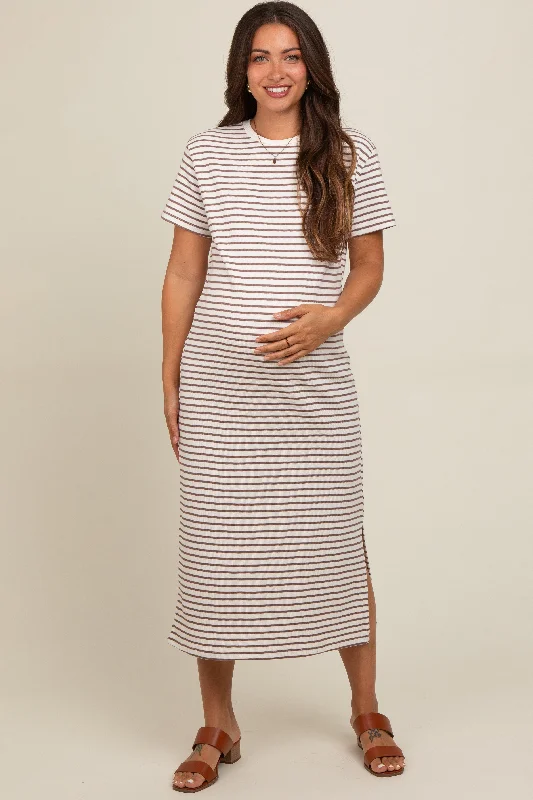 Midi dresses with asymmetric hems for a fashion - forward and dynamic appearanceCream Striped Short Sleeve Maternity T-Shirt Midi Dress Midi dresses with asymmetric hems for a fashion - forward and dynamic appearanceCream Striped Short Sleeve Maternity T-Shirt Midi Dress