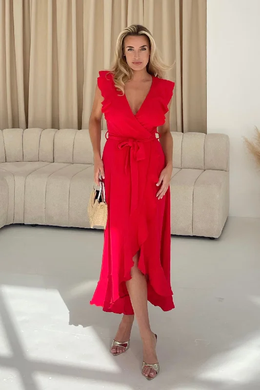 Midi dresses with tassel accents for a bohemian and free - spirited styleDiana Frill Wrap Midi Dress Red Midi dresses with tassel accents for a bohemian and free - spirited styleDiana Frill Wrap Midi Dress Red