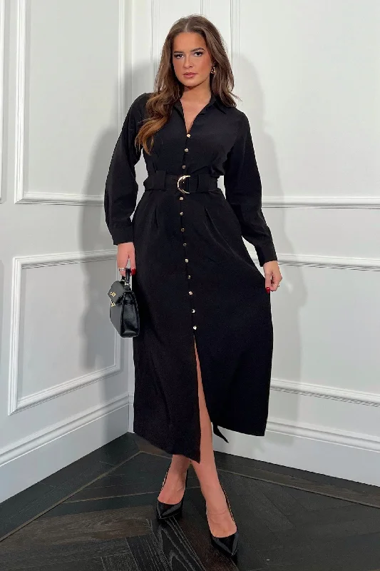 Midi dresses with button - down skirts for a unique and functional designGrace Buckle Detail Black Midi Shirt Dress Midi dresses with button - down skirts for a unique and functional designGrace Buckle Detail Black Midi Shirt Dress