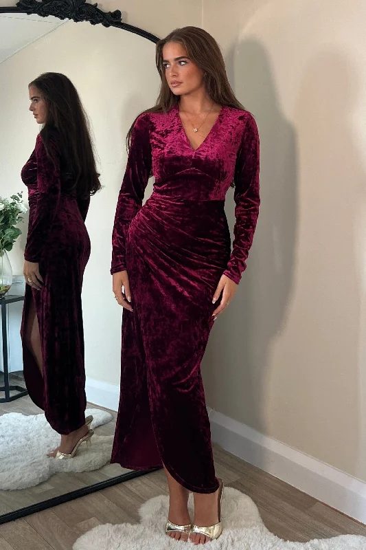 Midi dresses with puff sleeves for a vintage - inspired lookHailey Wine Velvet Asymmetric Wrap Midi Dress Midi dresses with puff sleeves for a vintage - inspired lookHailey Wine Velvet Asymmetric Wrap Midi Dress