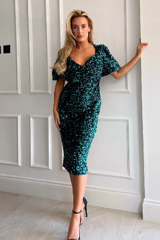 A - line midi dresses with floral prints for spring brunchesHarbor Green Velvet Sequin Wrap Detail Midi Dress
