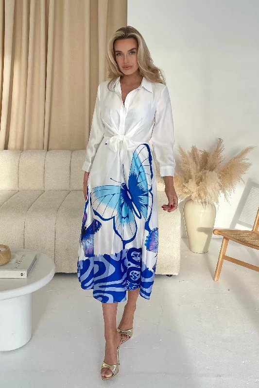 Midi dresses with sheer panels for a touch of allureIsabella Blue Butterfly Tie Front Shirt Dress Midi dresses with sheer panels for a touch of allureIsabella Blue Butterfly Tie Front Shirt Dress