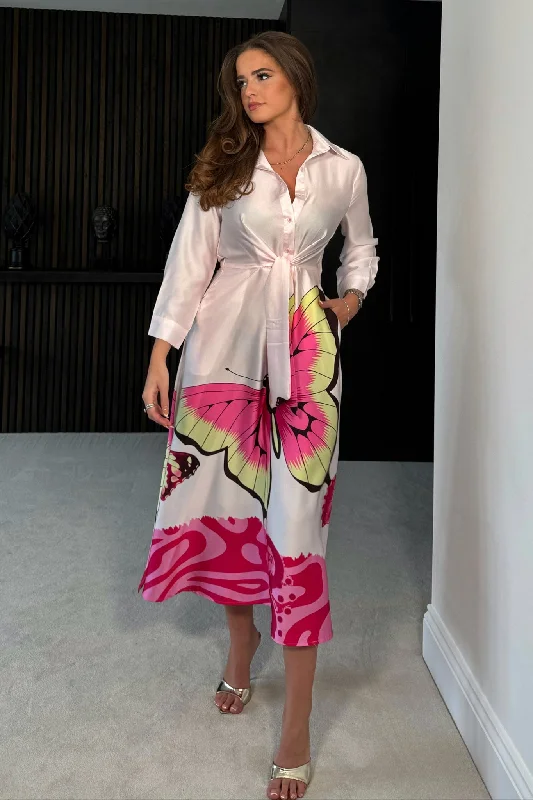 Midi dresses with off - the - shoulder necklines for a flirty lookIsabella Pink Butterfly Tie Front Shirt Dress Midi dresses with off - the - shoulder necklines for a flirty lookIsabella Pink Butterfly Tie Front Shirt Dress