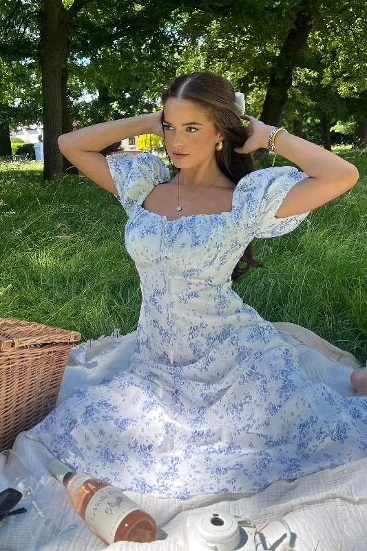 Midi dresses with empire waists for a flattering maternity optionJemima Square Neck Midi Dress Blue Floral Midi dresses with empire waists for a flattering maternity optionJemima Square Neck Midi Dress Blue Floral