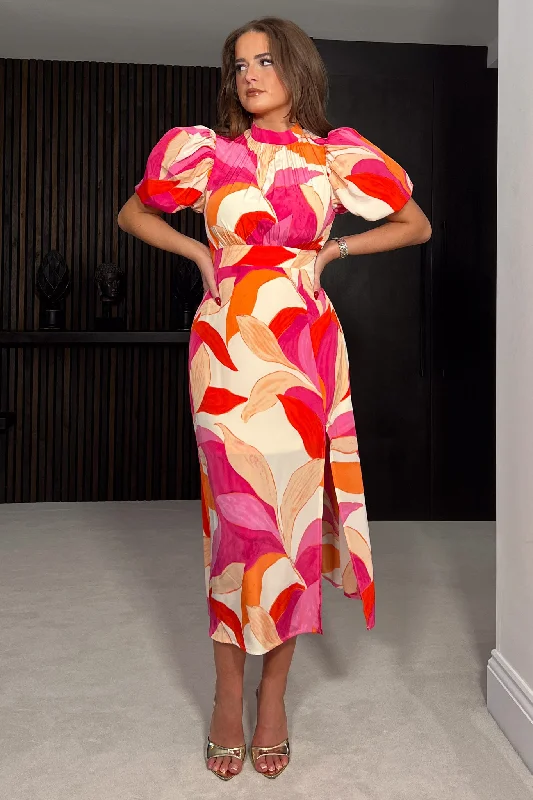 Midi dresses with animal prints for a bold and confident appearanceLilith Puff Sleeve High Neck Midi Dress Pink Midi dresses with animal prints for a bold and confident appearanceLilith Puff Sleeve High Neck Midi Dress Pink