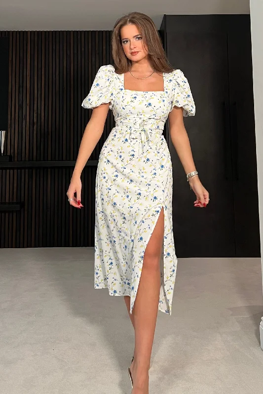 Plaid midi dresses for a fall - themed family gatheringMeara Square Neck Midi Dress Blue Floral
