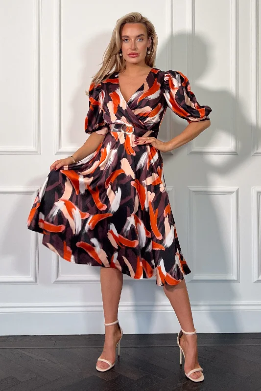 Midi dresses with halter necks for a stylish and comfortable optionNadine Orange Splash Wrap Detail Midi Dress Midi dresses with halter necks for a stylish and comfortable optionNadine Orange Splash Wrap Detail Midi Dress