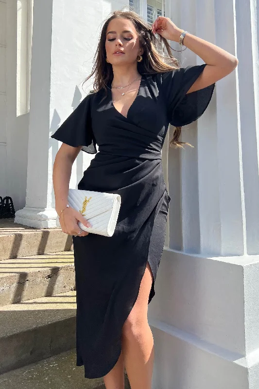 Midi dresses with denim fabric for a casual yet stylish day outNatasha Black Angel Sleeve Wrap Midi Dress Midi dresses with denim fabric for a casual yet stylish day outNatasha Black Angel Sleeve Wrap Midi Dress
