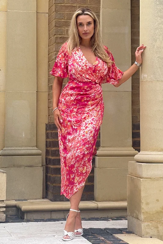 Midi dresses with ruched sleeves for a more fitted and stylish arm lookNatasha Blush Floral Angel Sleeve Wrap Midi Dress Midi dresses with ruched sleeves for a more fitted and stylish arm lookNatasha Blush Floral Angel Sleeve Wrap Midi Dress
