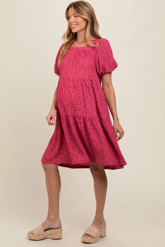 Midi dresses with button - front designs for a classic touchPink Textured Tiered Puff Sleeve Maternity Dress Midi dresses with button - front designs for a classic touchPink Textured Tiered Puff Sleeve Maternity Dress
