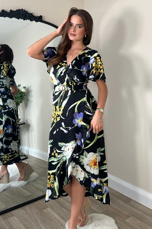 Midi dresses with side slits for a sexy and elegant appearanceQuinn Black Floral Wrap Detail Midi Dress Midi dresses with side slits for a sexy and elegant appearanceQuinn Black Floral Wrap Detail Midi Dress