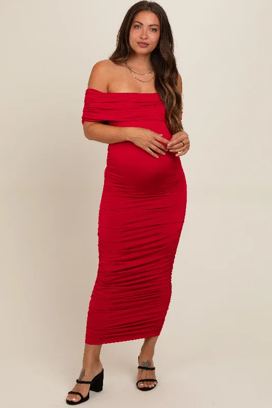 Midi dresses with halter necks for a stylish and comfortable optionRed Off Shoulder Ruched Maternity Midi Dress Midi dresses with halter necks for a stylish and comfortable optionRed Off Shoulder Ruched Maternity Midi Dress