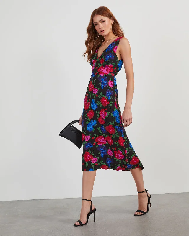 Midi dresses with ruffled hems for a romantic date nightRobbie Satin Floral Midi Dress Midi dresses with ruffled hems for a romantic date nightRobbie Satin Floral Midi Dress