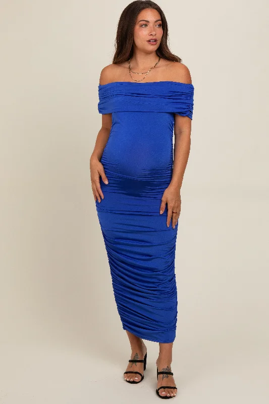 Midi dresses with satin - finish fabrics for a luxurious feelRoyal Blue Off Shoulder Ruched Maternity Midi Dress Midi dresses with satin - finish fabrics for a luxurious feelRoyal Blue Off Shoulder Ruched Maternity Midi Dress