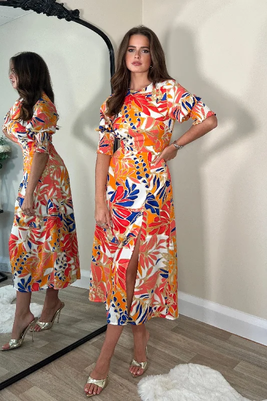 Midi dresses with mesh inserts for a trendy and breathable optionShayla Orange Shirred Cuff Midi Dress