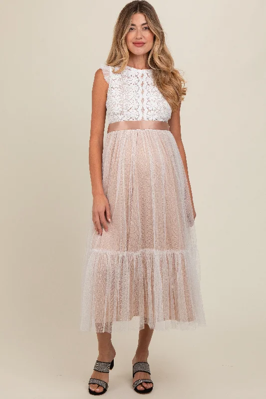 Wrap - style midi dresses in silk for a sophisticated office lookWhite Lace Contrast Tulle Maternity Maxi Dress Wrap - style midi dresses in silk for a sophisticated office lookWhite Lace Contrast Tulle Maternity Maxi Dress