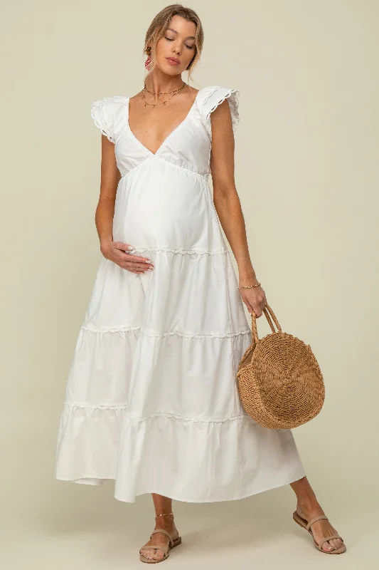 High - low midi dresses with geometric patterns for a modern partyWhite Ruffle Trim Maternity Maxi Dress High - low midi dresses with geometric patterns for a modern partyWhite Ruffle Trim Maternity Maxi Dress