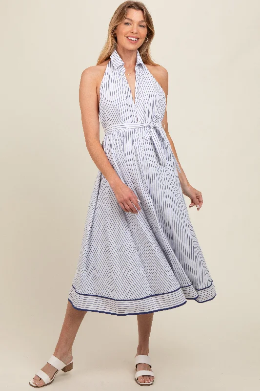 Midi dresses with ruffled sleeves for a more feminine and voluminous lookWhite Striped Halter Maternity Midi Shirt Dress