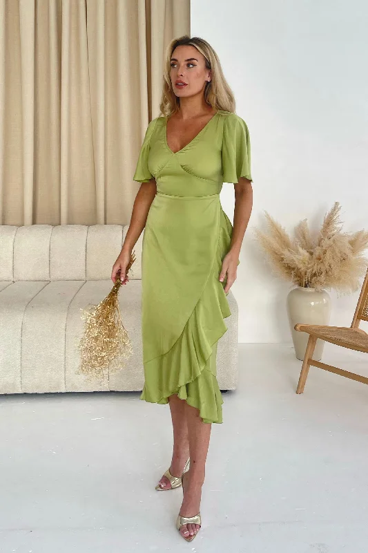 A - line midi dresses with floral prints for spring brunchesYara V Neck Frill Midi Lime A - line midi dresses with floral prints for spring brunchesYara V Neck Frill Midi Lime