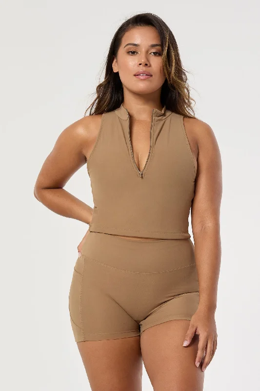 white women sport bra for a clean lookSiv Half Zip Crop Top | Recycled Polyester | Toffee white women sport bra for a clean lookSiv Half Zip Crop Top | Recycled Polyester | Toffee