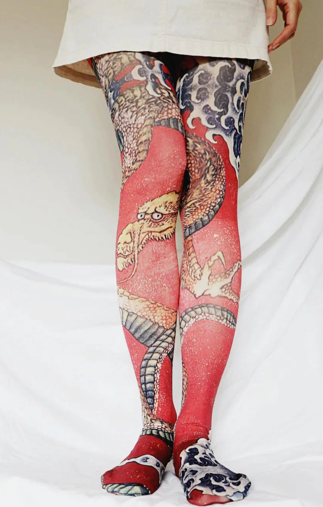 women tights for a beach - side evening with a long dressDragon By Katsushika Hokusai Printed Art Tights