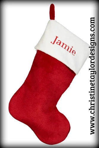 Personalized Stocking - Traditional red plush stocking with white trim.