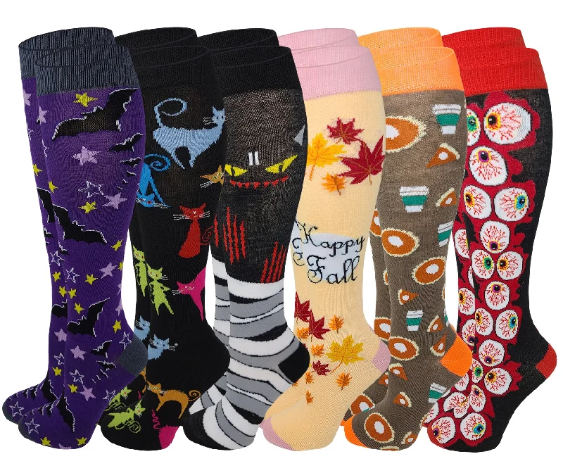 Knee High Socks | Halloween Fall Fancy Design | Womens (6 Pairs)