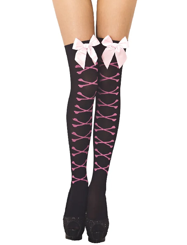 Reinforced - toe stockings for durabilityiB-iP Women's Bones Tied Up Patterned Seamless Punk Thigh High Hold-up Stockings