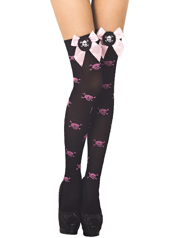 Anti - odor stockings for long - day freshnessiB-iP Women's Evil Skull Bowknot Seamless Punk Goth Thigh High Hold-up Stockings
