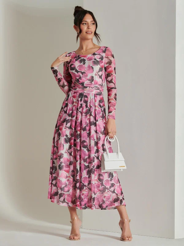 Maxi dresses with cold - shoulder cutouts for a trendy lookAbstract Print Mesh Long Sleeve Maxi Dress, Pink Multi Maxi dresses with cold - shoulder cutouts for a trendy lookAbstract Print Mesh Long Sleeve Maxi Dress, Pink Multi