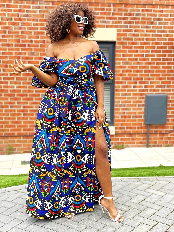 Maxi dresses with embroidered floral motifs for a unique designApphia Ankara Maxi Dress | Blue Multicoloured African Tribal Print Maxi dresses with embroidered floral motifs for a unique designApphia Ankara Maxi Dress | Blue Multicoloured African Tribal Print