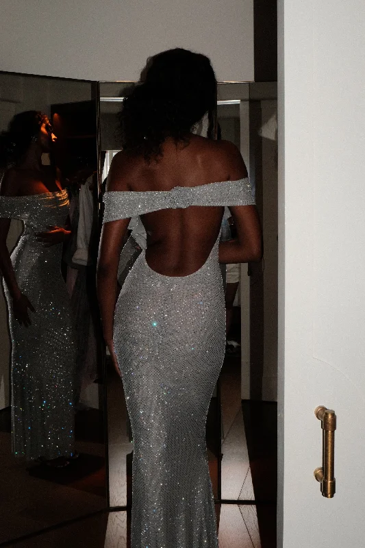 Maxi dresses with patchwork designs for a one - of - a - kind styleArna Off Shoulder Diamante Maxi Dress - Silver Maxi dresses with patchwork designs for a one - of - a - kind styleArna Off Shoulder Diamante Maxi Dress - Silver