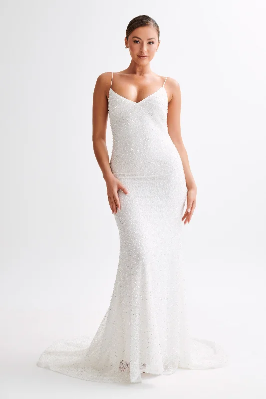 Maxi dresses with thin spaghetti straps for a delicate and feminine feelCatalina Pearl Beaded Wedding Gown - White