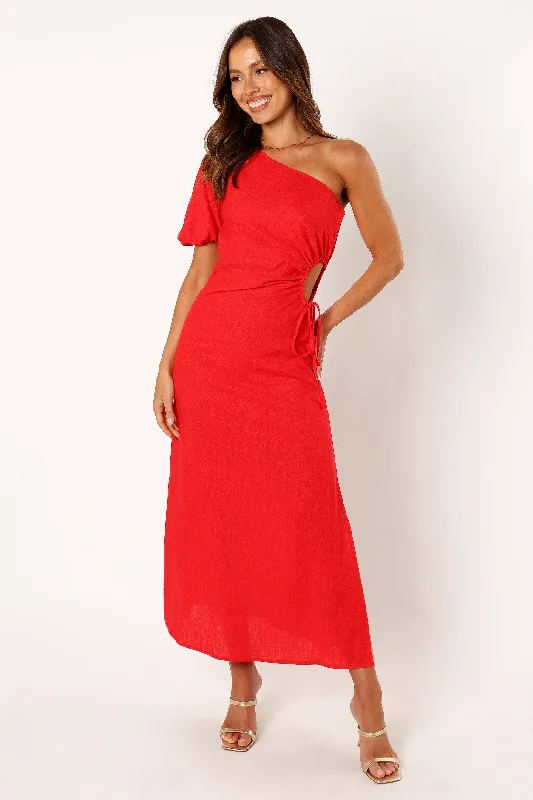 Maxi dresses with beaded embellishments for a fancy and luxurious eventKimmie One Shoulder Cut Out Midi Dress - Red