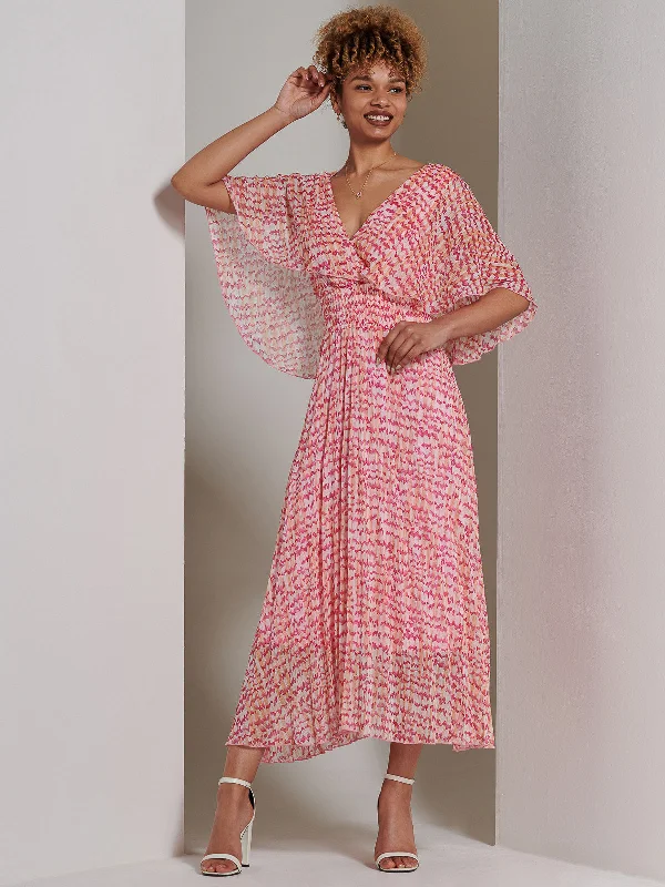 Ruffled maxi dresses with a tiered skirt for added volumeKyra Pleated Chiffon Maxi Dress, Pink Abstract Ruffled maxi dresses with a tiered skirt for added volumeKyra Pleated Chiffon Maxi Dress, Pink Abstract