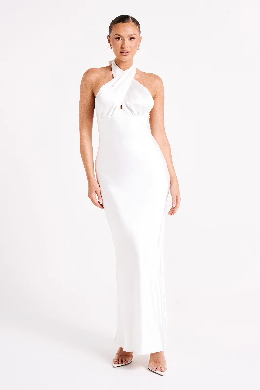 Maxi dresses with polka dot prints for a playful styleMarvelle Satin Halter Maxi Dress - White Maxi dresses with polka dot prints for a playful styleMarvelle Satin Halter Maxi Dress - White