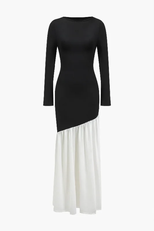 Maxi dresses with fringe trim for a bohemian vibePatchwork Long Sleeve Maxi Dress