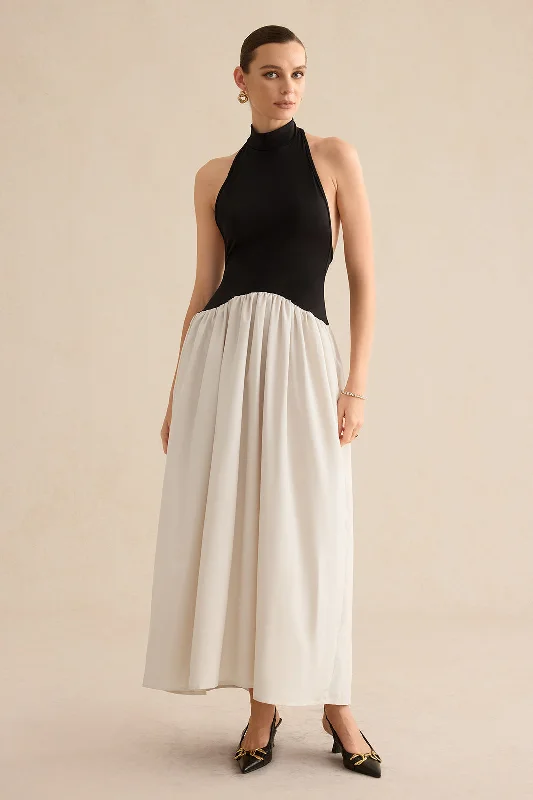 Leather maxi dresses for an edgy and bold appearancePatchwork Backless Sleeveless Maxi Dress Leather maxi dresses for an edgy and bold appearancePatchwork Backless Sleeveless Maxi Dress