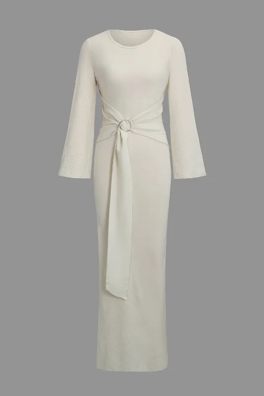 Maxi dresses with cut - out details on the sides for a modern edgeBelted Long Sleeve Round Neck Ruched Maxi Dress Maxi dresses with cut - out details on the sides for a modern edgeBelted Long Sleeve Round Neck Ruched Maxi Dress