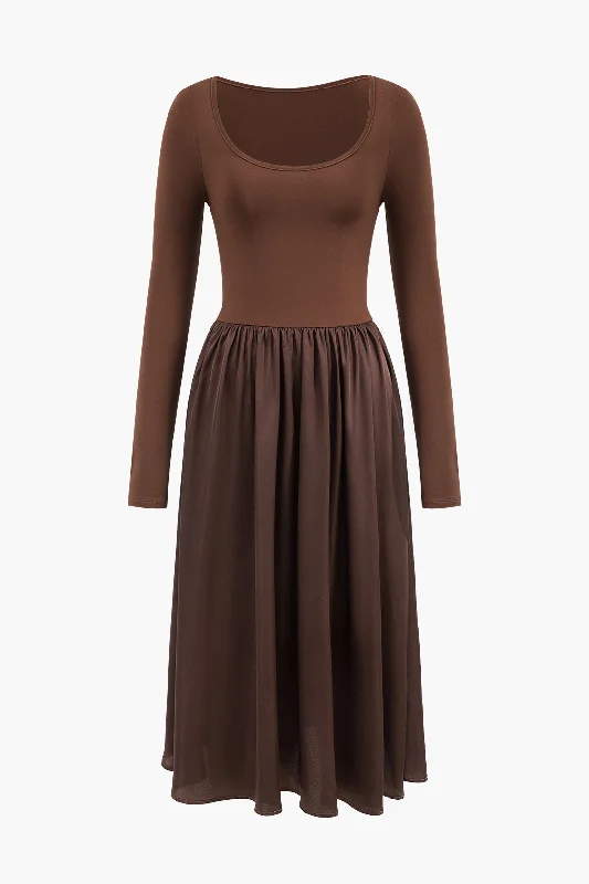 Maxi dresses with a criss - cross back for a flirty and unique detailSatin Patchwork Long Sleeve Maxi Dress Maxi dresses with a criss - cross back for a flirty and unique detailSatin Patchwork Long Sleeve Maxi Dress